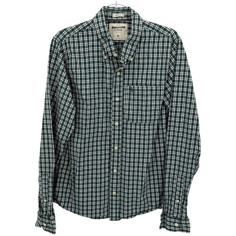 Abercrombie & Fitch Shirt Mens XL Green Plaid Button Up Muscle Casual Preppy